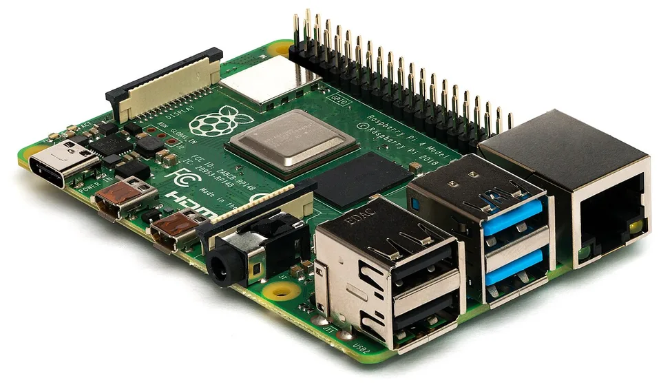 A Raspberry Pi 4 Model B board showing its USB, Ethernet and display connectors